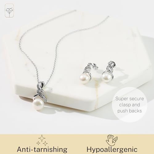 MAX + STONE Sterling Silver Pearl Jewelry Set with Diamonds | Freshwater Pearl Earrings & Necklace for Women | Real Pearl Necklace and Earring set | Silver Pearl Earrings and Necklace Set for Women - Thumbnail 4