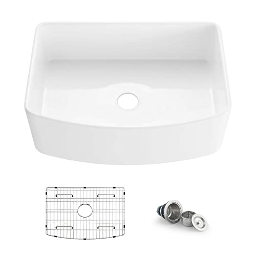 KIBI Pure Series Fireclay Farmhouse Kitchen Sink 30-inch | Single Bowl with Curved Apron Front and Heat-Resistant Glazing | Durable Fireclay Sink with Bottom Grid and Strainer (K2-SF30C, White)