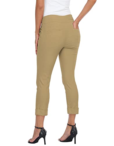 Image of HDE Pull On Capri Pant for Women w /Pockets Elastic Waist Cropped Work Pant | Comfortable Pull On Waist, Tailored Fit with Cuff, Stretchy Summer Office Pants, 24.25 inch Inseam, Professional Dress Capris