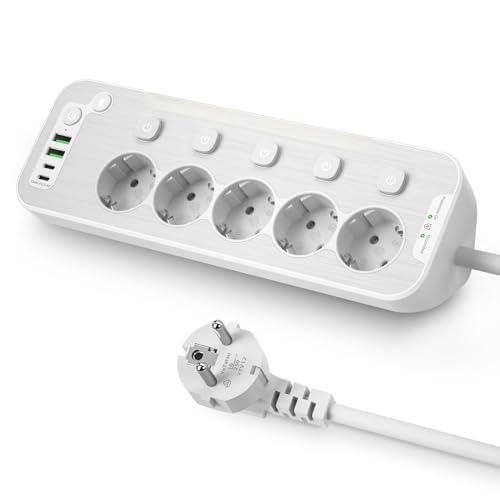 Grenuttag med Strömbrytare,Multipeluttag med USB,Grenuttag Väggmontering för Kontor,Kök Uttagslist överspänningsskydd, Metall Hörnuttag med Nattlampa Power Strip 5 Uttag Multikontakt 2M Kabel,Vit