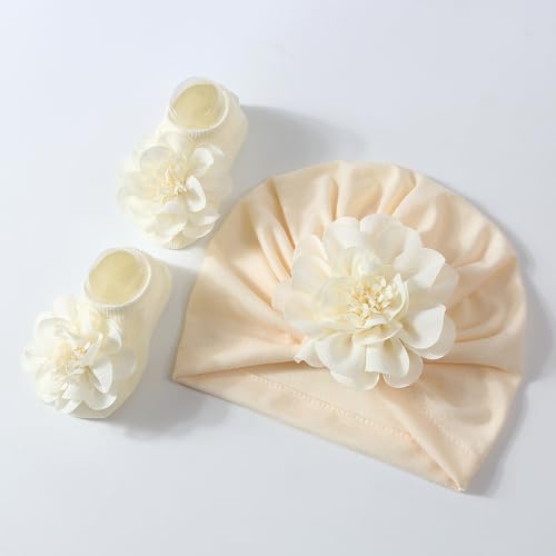 Flower Turban Hat& Socks Set for Baby Unisex Boy Girl Cute Knotted Hat Rubber Soles Socks Newborns Shower Gift Set Light Pink3