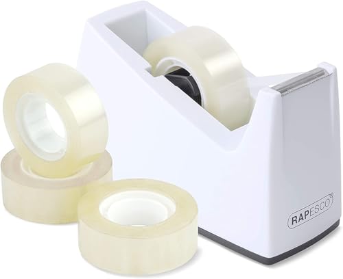 Rapesco 1620 Dispensador de Cinta Adhesiva 300 y 4 Rollos de Cinta, Blanco