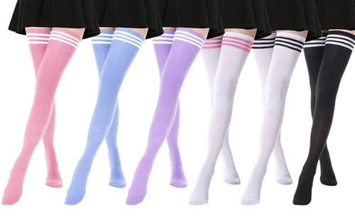 Image of DRESHOW 6 Pairs High Thigh Socks Striped Over Knee Thin Tights Long Stocking for Women Leg Warmer