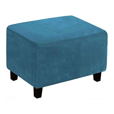 Soft Velvet Stretch Ottoman Cover, Rectangle Removable Footstool Cover Waterproof Dust-Proof Footstool Protect Ottoman Slipcovers Machine Washable-Peacock blue-Large Cover