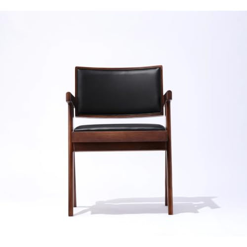Image of Solid Wood Arm Chair with Cushion and Cane Back Support Chair Living Room Bedroom Home Wooden Armchair Furniture Garden Balcony Outdoor & Indoor (Walnut Chair with Black Leather 2)