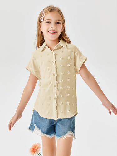 Image of Haloumoning Girls Button Down Shirts Short Sleeve Kids Casual Chiffon Blouse Summer Tops T-Shirt