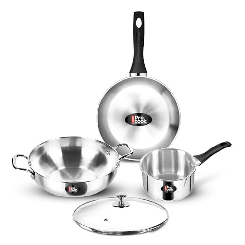 Milton Pro Cook 3-Layer Thick Triply Bottom I Induction Cookware & Gas Stove Friendly Stainless Steel 4 Pc Kitchen Set | Kadhai with Lid | Cooking Pan | Sauce Pan | 2Y Warranty