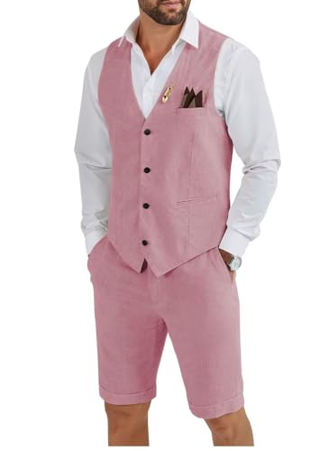 HUUTOE Mens 2 Piece Linen Suits Set Vest with Short Pants Slim Fit Beach Wedding Groomsmen Suits