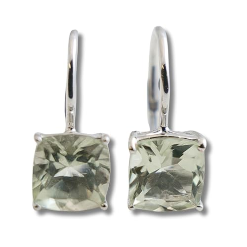 Orecchini pendenti in argento 925 con prasiolite ametista verde - Taglio cuscino sfaccettato - Gioiello elegante e raffinato
