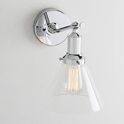 Permo Industrial Vintage Slope Pole Wall Mount Single Sconce With Funnel Flared Clear Glass Shade Wall Sconce Light Lamp Fixture (Chrome) #TOP3