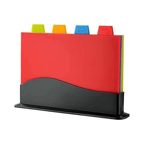 Chopping Board Set - Extra Thick Colour Coded Plastic Cutting Boards with Storage Stand - Set of 4 with Holder Cover
