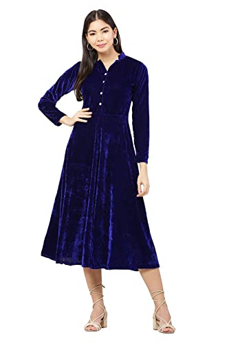 Image of Women's Midi Velvet Short DressWith Band Collar and Sleeve