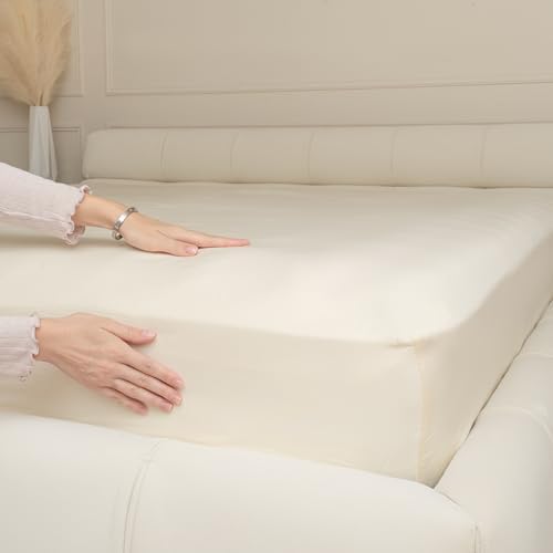 Organic Cotton California-King Fitted Sheet - 100% Organic Cotton, Unbleached, All-Natural, GOTS Certified, Breathable, Sateen Weave, 400 Thread Count Fitted Sheet (Cal King - Off-White/Ivory)