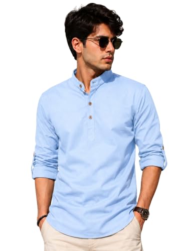Image of Fifth U Men's Cotton Polyester Blend Solid Mandarin Collar Self Design Full Sleeve Casual Short Kurta