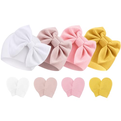 Image of BQUBO Newborn Baby Hats Mittens Set Hospital Hat Beanie Infant Bow Hats Baby Gloves No Scratch Mittens for 0-6 Months