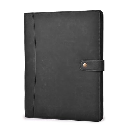 DHAMPOOH Genuine Leather Portfolio – Sleek Black Professional Organizer & Resume Folder, Antique Leather Business Document Padfolio with Writing Pad, Ideal Gift for Men & Women