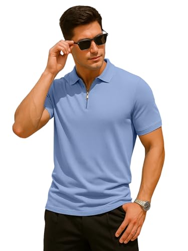 Image of Veirdo Men's Cotton Pique Polo | Premium Zip Neck Casual T-Shirt | Half Sleeve | Black Beauty, Serenity, Wheat, Zephyre
