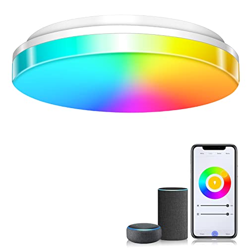 Dripex Smart LED Ceiling Light 24W 2400lm App or Voice Control RGB+CW Color Ambiance WiFi Bathroom Light IP54 Waterproof Bedroom Ceiling Lamp, No Hub Required (2.4Gz WiFi + Bluetooth) (Round)