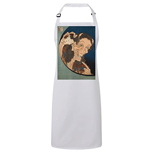 Tablier de cuisine blanc imprimé Hokusai motif démon japonais