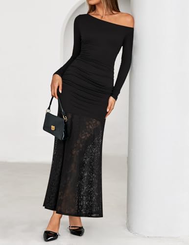 ZESICA Women's Long Sleeve Off Shoulder Bodycon Dresses Fall 2025 Ruched Lace Wedding Guest Cocktail Formal Maxi Dress3
