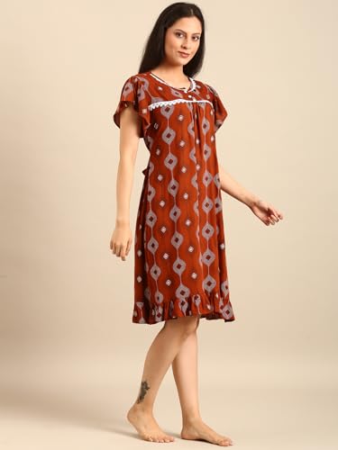 Image of Rupa Jon Aishwarya Women Short Printed Nighty in Premium Cotton Blend Fabric, Midi Length, Night Dress, Three-Fourth Length for Comfortable Everyday Wear