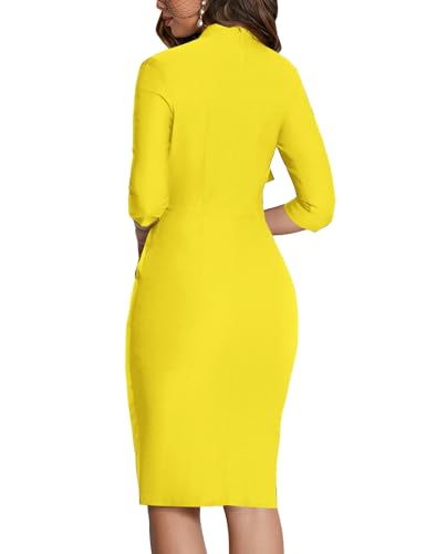 Image of MUXXN Women's Midi Pencil 1950s Vintage Cocktail 3 /4 Sleeve Tie Neck Bodycon Mid-Calf Dress with Pockets