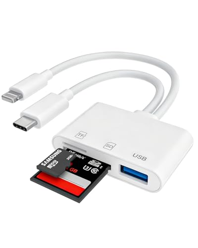 SD Card Reader for iPhone iPad with USB C & Lightning, Dual Card Slot USB 3.0 Memory Card Reader Supports SD/TF Card Camera Viewer SD Card Adapter Portable Micro SD Card Reader No App Plug and Play
