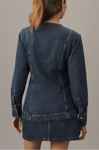 Women's Collarless Denim Jacket Long Sleeve Button Down V-Neck Slim Fit Jean Jacket Denim Top2