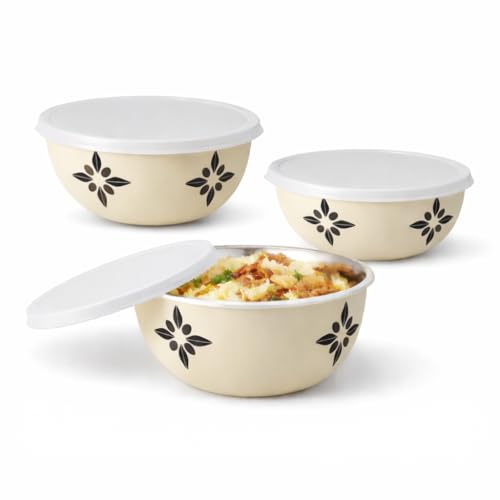 Image of Zaib Microwave Safe Stainless Steel Food Storage Container with Lid | Euro Mixing Bowl Set for Kitchen | 500ml, 800ml, 1250ml | Pack of 3 (ivory Regular set 3)