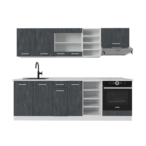 Vicco Küchenzeile R-Line, Küchenblock, Schwarz Beton/Weiß, 240 cm AP Marmor
