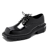 Men's Leather Platform Oxfords Fashion Square Toe Lace Up Lug Sole Business Office Dress Shoes Casual Non-Slip Low Block Heel Work Shoes (Black,9)