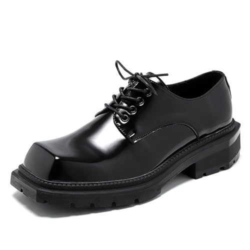 Men's Leather Platform Oxfords Fashion Square Toe Lace Up Lug Sole Business Office Dress Shoes Casual Non-Slip Low Block Heel Work Shoes