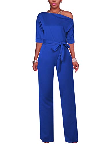 Vilover Women Jumpsuits Off Shoulder Solid Jumpsuits Wide Leg Long Romper Pants with Belt (Blue, S)