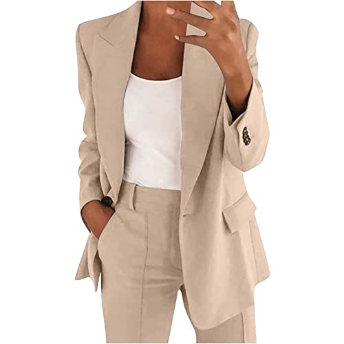 TERAZUNO Långärmad Casual Kavaj för Kvinnor Arbete Kontorsknapp Öppen Front Jacka Vanlig Kavaj Business Blazer Jacka Klassisk Jacka Knapp Nedfällbar Krage med Fickor Ledig Lång Kavaj(Apricot,XXL)