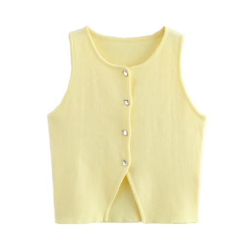 FindThy Women’s Cropped Knit Vest Trendy Crewneck Sleeveless Button Down Slim Fit Solid Color Summer Gilet Tank Tops(4169-Yellow-S-LB)