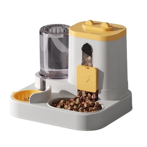 複数のペット用の自動猫用給餌器、水と食べ物、自動飲用噴水、オールインワンペットフィーダー、犬と猫に最適、取り外し可能、ユニット全体が洗える、透明、自動給餌器、自動猫用給餌器ウォーターディスペンサー、電源不要必須 (イエロー)