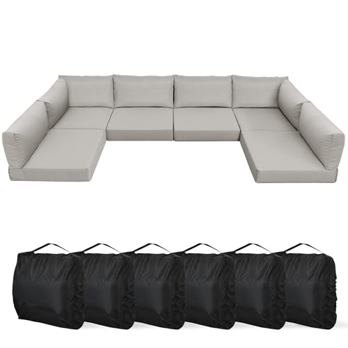 YEFU Outdoor Cushions for Patio Furniture: Replacement Cushions for Outdoor Furniture - Waterproof Couch Cushion - Fade-Resistant/Easy Clean - 14 Piece Sectional Cushion - Nonslip/Storage Bag/Grey