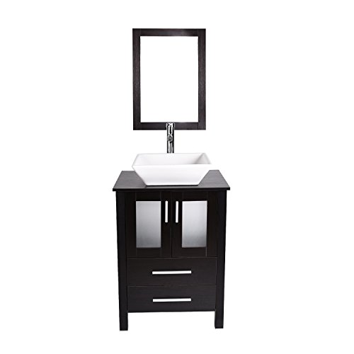 Modern Furniture 24 Inch Single Sink Bathroom Vanity with Square Ceramic Porcelain Sink Top, with Frame Mirror, Chrome Faucet, Pop Up Drain Set