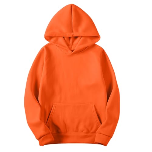 Men's Sweatshirt Plain Casual Hoody Long Sleeve Oversized Loose Pullover Basic Lightweight Breathable Hoodies Soft Fabric Sports Hooded Tops with Ribbed Cuff and Front Pockets Orange