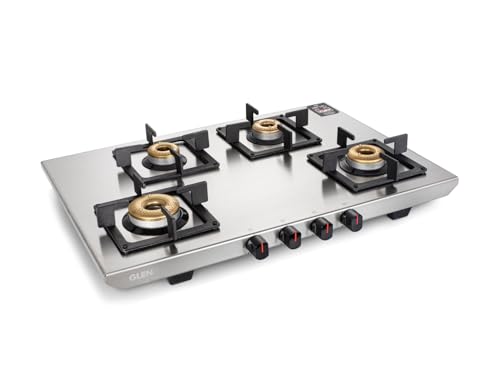 Glen Gas Stove 4 Burner Ultra Tuff Stainless Steel LPG Gas Stoves | Manual Ignition | Silver | Forged Brass Burner | Revolving Inlet Nozzle | 2 Years Warranty (1054 UT SS)