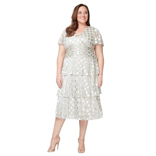 Image of S.L. Fashions Women's Short Sleeve Tea Length V-Neck Mother of The Bride Dress with Ruched Waist, Wedding Guest (Plus Size)