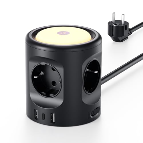 Ciabatta Multipresa con Luce, Ciabatta a 4 Scomparti con 3 USB, Multipresa Elettrica con Interruttore, Presa Multipla a Cubo 3 Modalità di Illuminazione 16A, 2 M, per Casa, Ufficio F(Schuko)