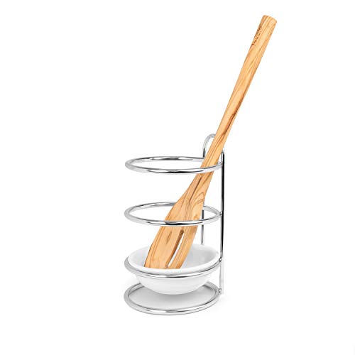 Upright, Standing Spoon Rest With Ceramic Dish Utensil Holder For Stovetop & Kitchen Counter Organization, Modern Vertical Design, Chrome/White #TOP2