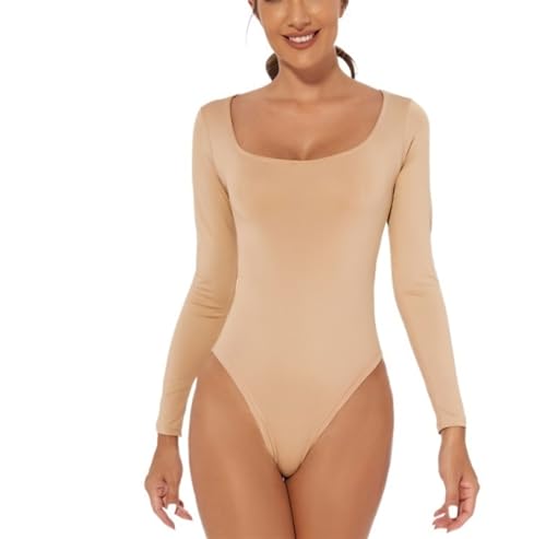 Body para Mujer, Cuello Cuadrado, Manga Larga, Sexy, básico, Ajustado, Tops, Tanga, Camisetas