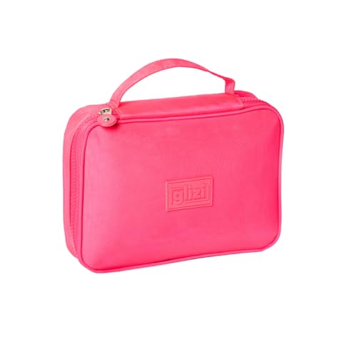 Glizi Estojo Box Escolar para 100 Lápis, com Alça, Necessaire Make, 32 Elásticos (Rosa Neon)