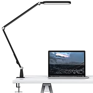 Lampe de bureau à LED, JKSWT Lampe de bureau à bras oscillant réglable avec pince, 72 LED, 5 modes de couleur, 5 niveaux de luminosité Lampe de table avec fonction de mémoire et commande tactile
