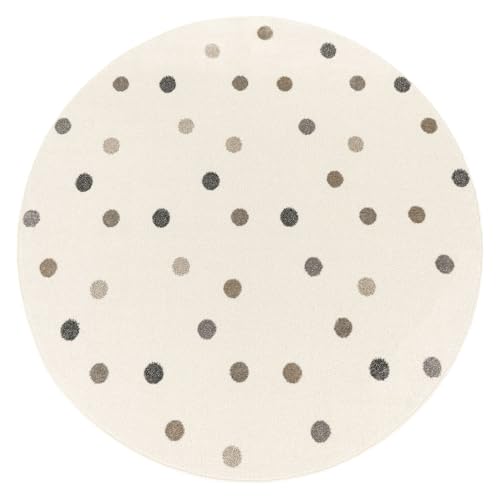 TT Home Children's Rug for Girls and Boys Modern Rainbow Cloud Pattern with Colourful Animal, Colour: Grey Pink Beige, Size: 120 cm Round