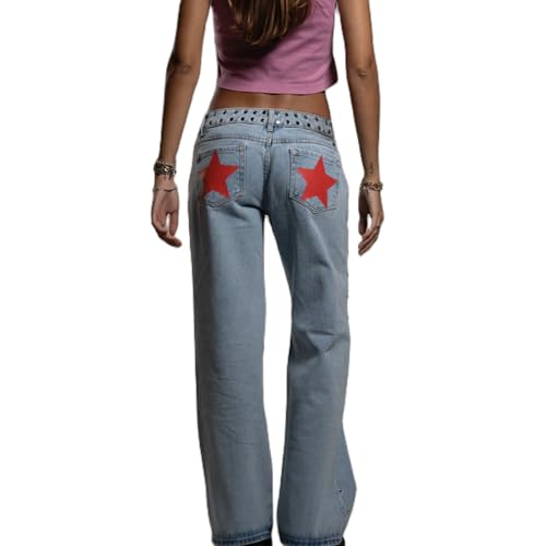 Mxiqqpltky Y2k Studded Jeans for Women Vintage Star Low Rise Straight Leg Baggy Denim Pants Casual Boyfriend Jeans Streetwear