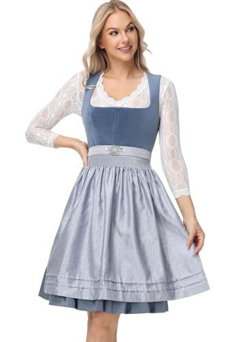 TrendiMax Damen Midi Dirndl - Elegantes Trachtenkleid Samt Dirndlkleid für Oktoberfest mit Dirndlschürze Grau 40