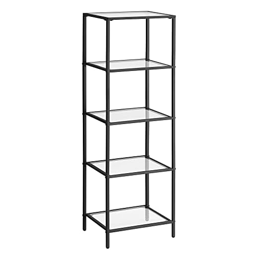 VASAGLE Bookcase, 5-Tier Bookshelf, Slim Shelving Unit for Bedroom, Bathroom, Home Office, Tempered Glass, Steel Frame, Black ULGT029B61